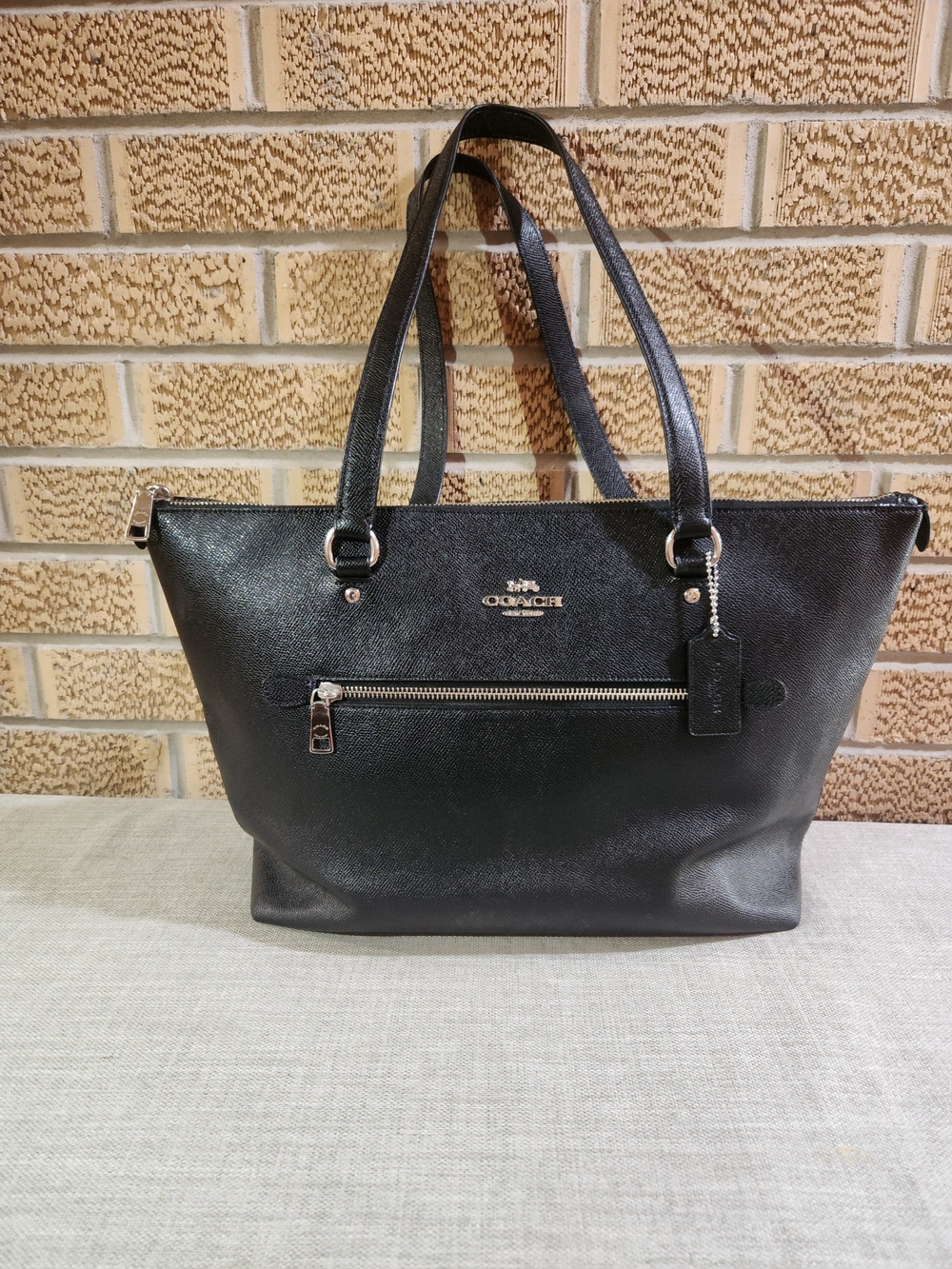 Coach Black Leather Tote with Front Zip and Logo Hardware
